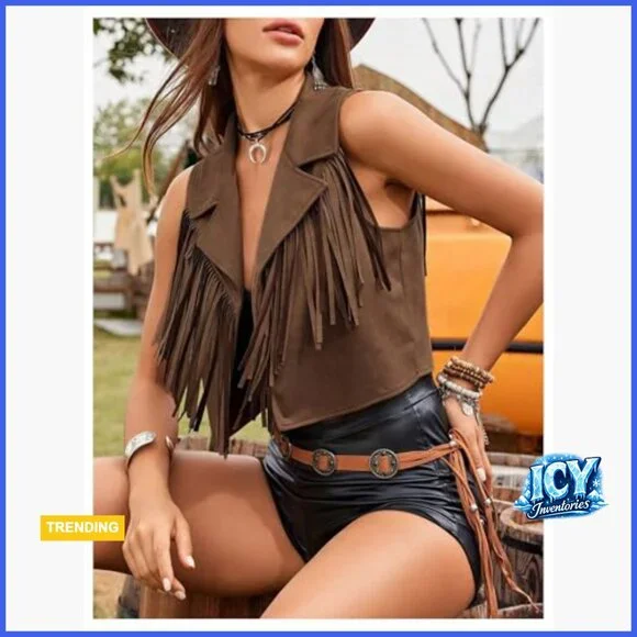 Fringe Tassel Vest Open Front Cropped Sleeveless Boho Western - Picture 5 of 5
